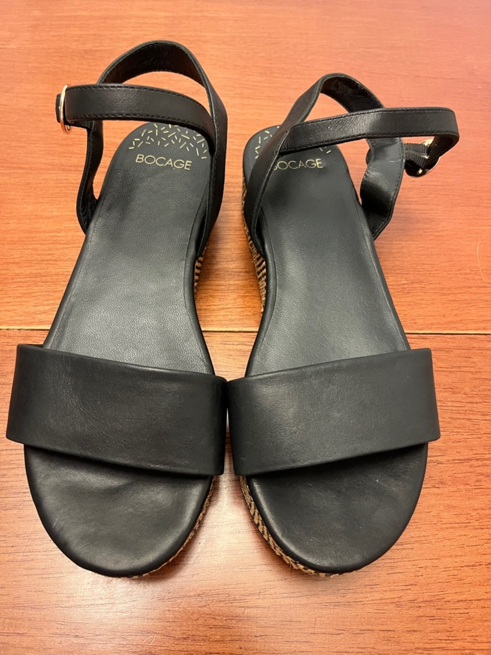 BOCAGE  Black Leather Ankle-Strap Platform Sandals SZ 8
